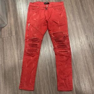 AMIRI Red Distressed Skinny Jeans for Men